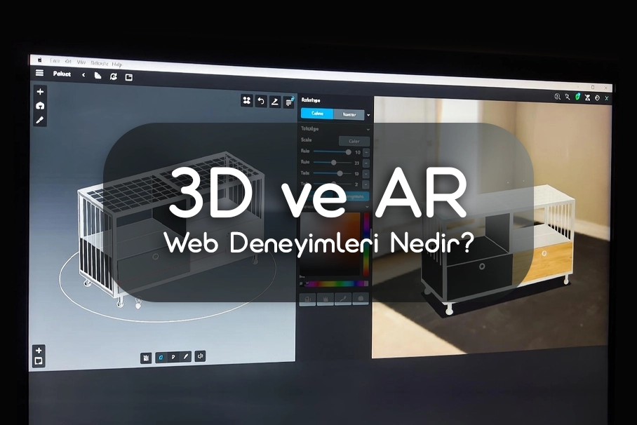 Web tarayıcısında 3D ürün modeli döndürülen ve AR ile mobilyanın odada görüntülendiği örnek