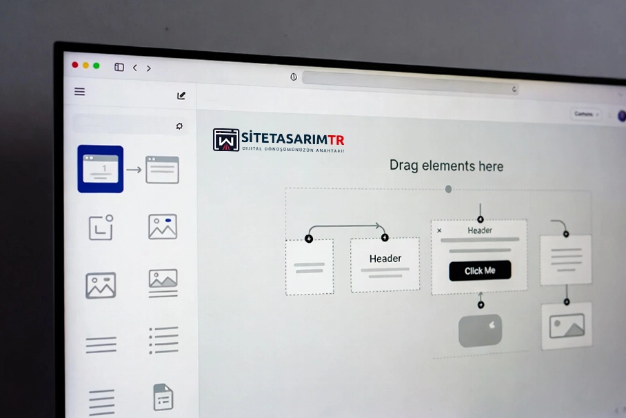 Sürükle-bırak arayüzüyle no-code web sitesi oluşturan ekran görüntüsü