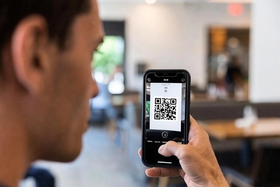 Telefonla QR kod taratılırken dijital restoran menüsü ekranı