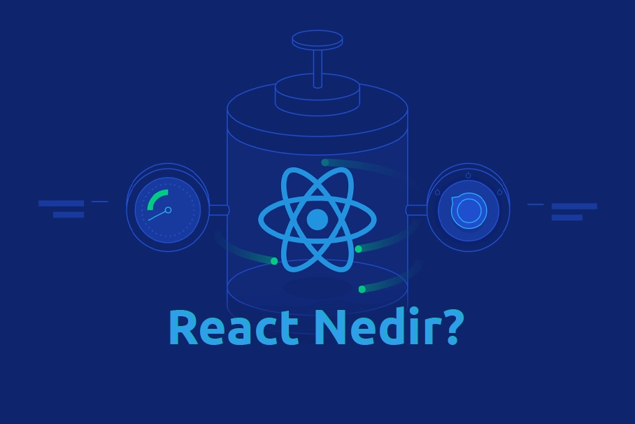React.js logosu, Virtual DOM şeması ve component yapısı - React kütüphanesi nasıl çalışır