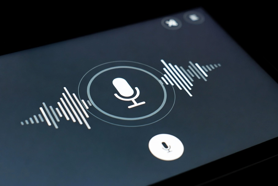 Mikrofon simgesi ve ses dalgalarıyla çalışan voice arayüzü gösteren modern görsel