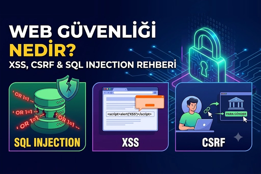 Web güvenliği tehditlerini ve koruma kalkanını simgeleyen kilit ve kod karışımı görsel
