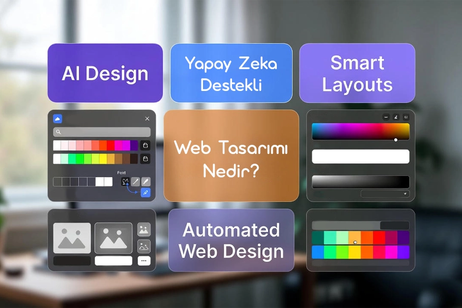 Yapay zeka ile otomatik web tasarımı yapan arayüz, renk paleti ve layout önerileri gösteren ekran görüntüsü